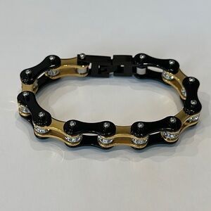 Black and Gold Bike Chain Bracelet with Clear Stones